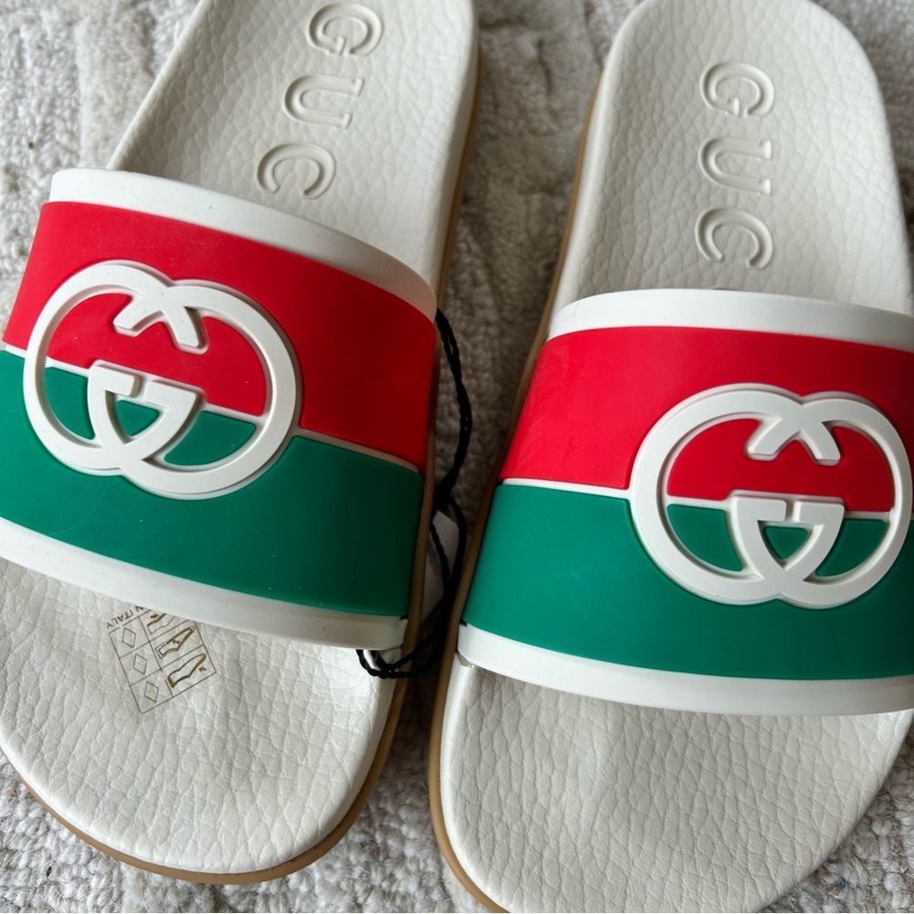 NWT Authentic Gucci Pursuit GG Flip Flop Slippers Sandals Pink/Green/White 35 - Picture 2 of 7